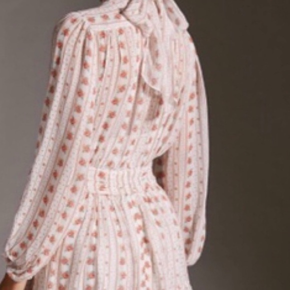 Anthropologie Let Me Be Pink Floral Combo Tie Mockneck Sheer Minidress with Slip - Picture 5 of 8